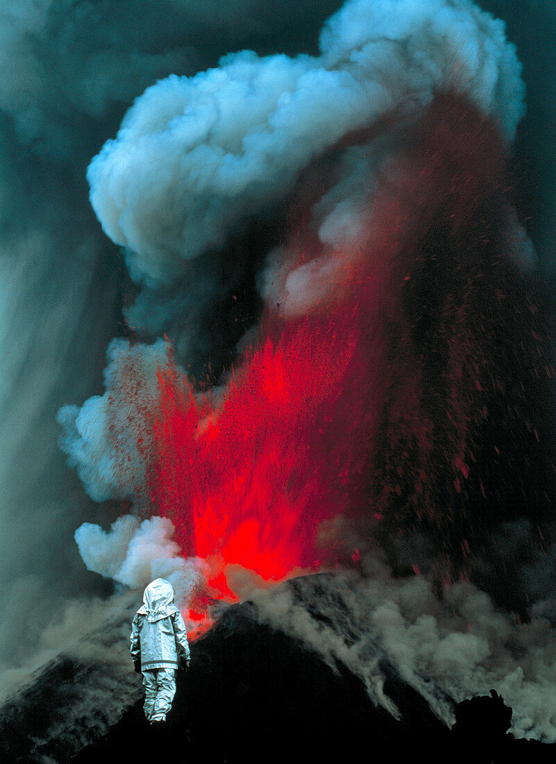 Volcanologist by Mount Etna eruption