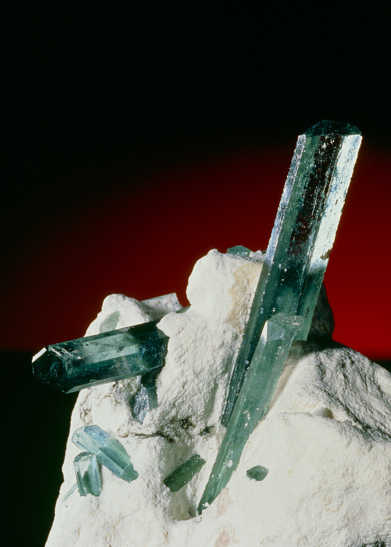 Aquamarine crystals embedded in kaolin