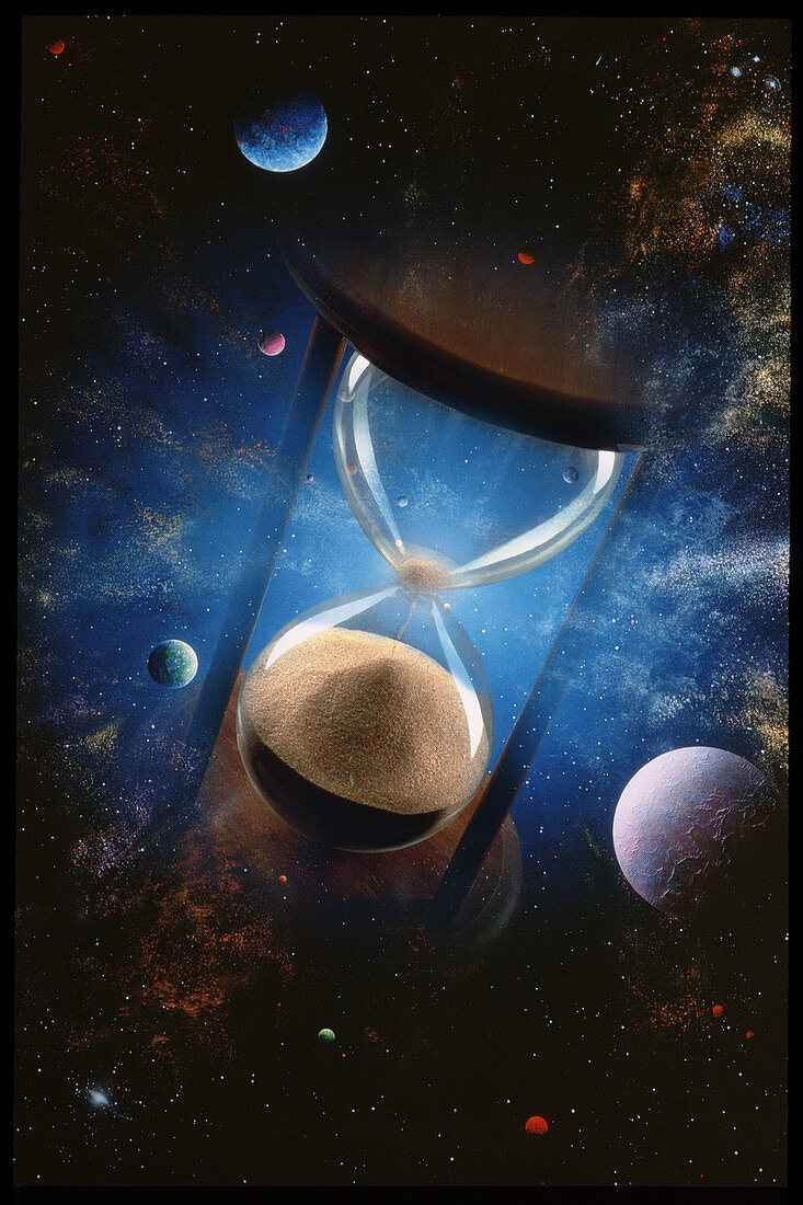 Conceptual image of an hourglass over planets