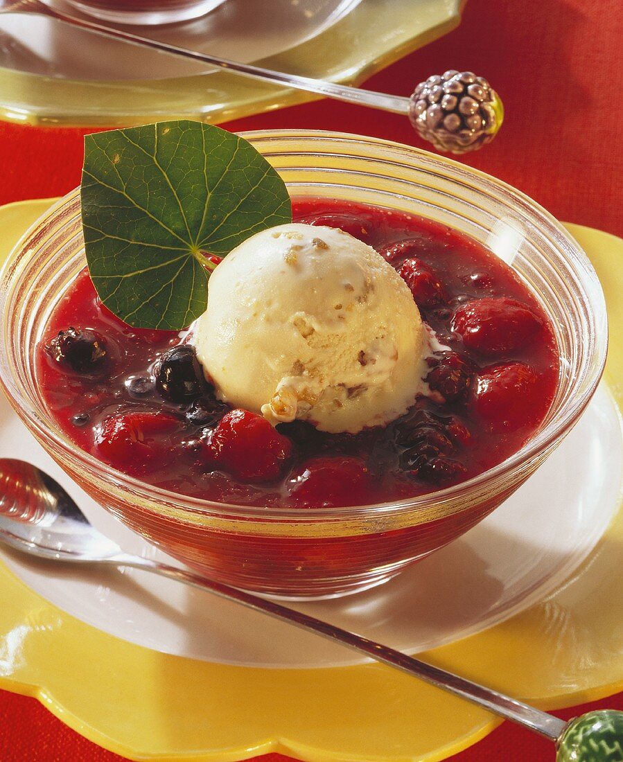 Mixed berries with a walnut ice cream in a bowl