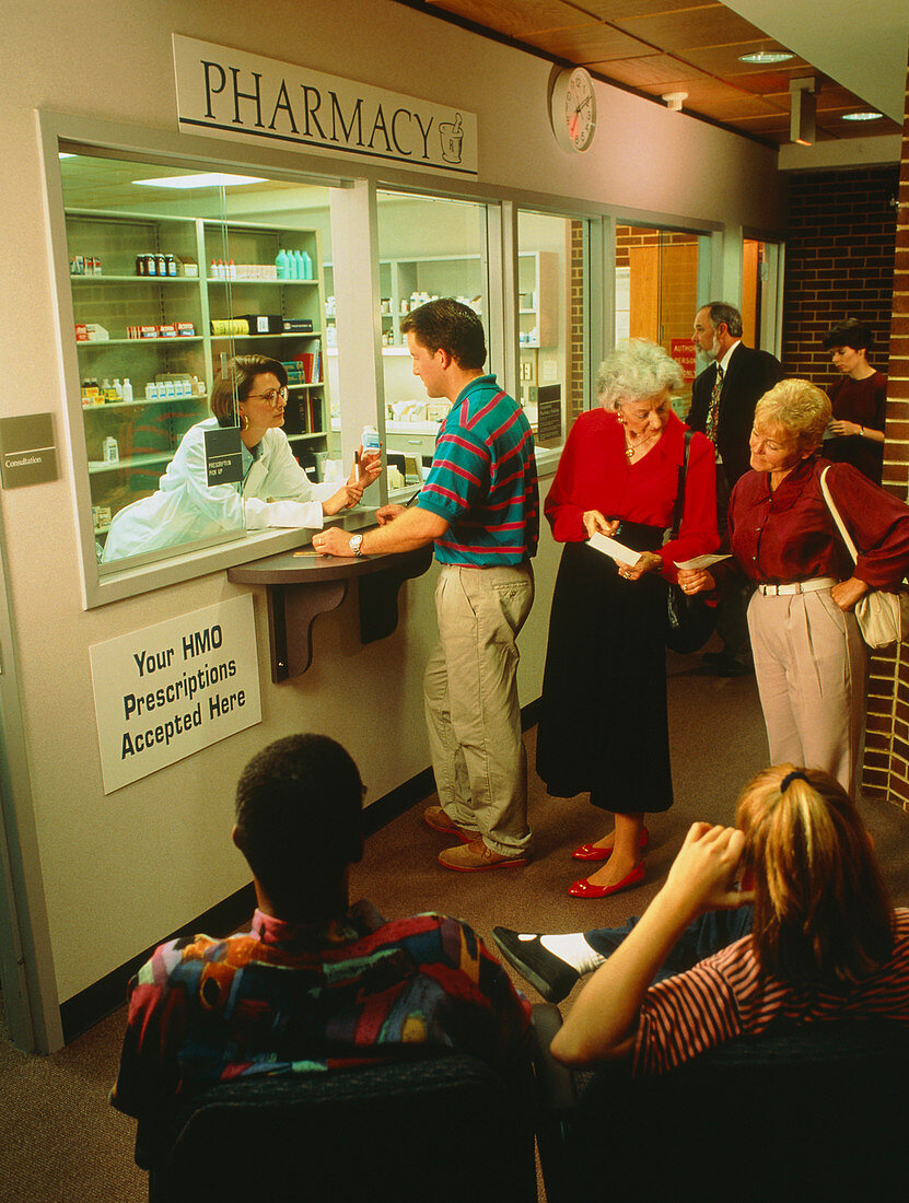 Patients queuing at hospital pharmacy