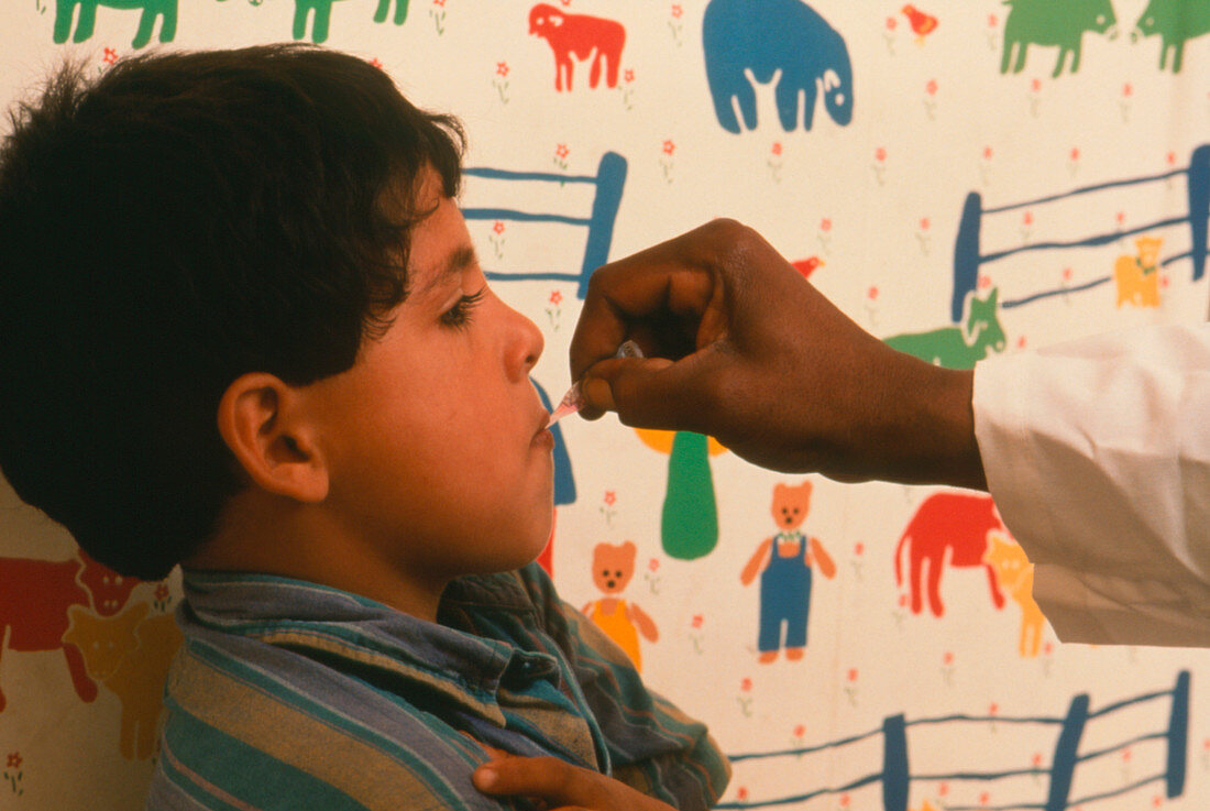 Schoolboy receiving oral vaccination