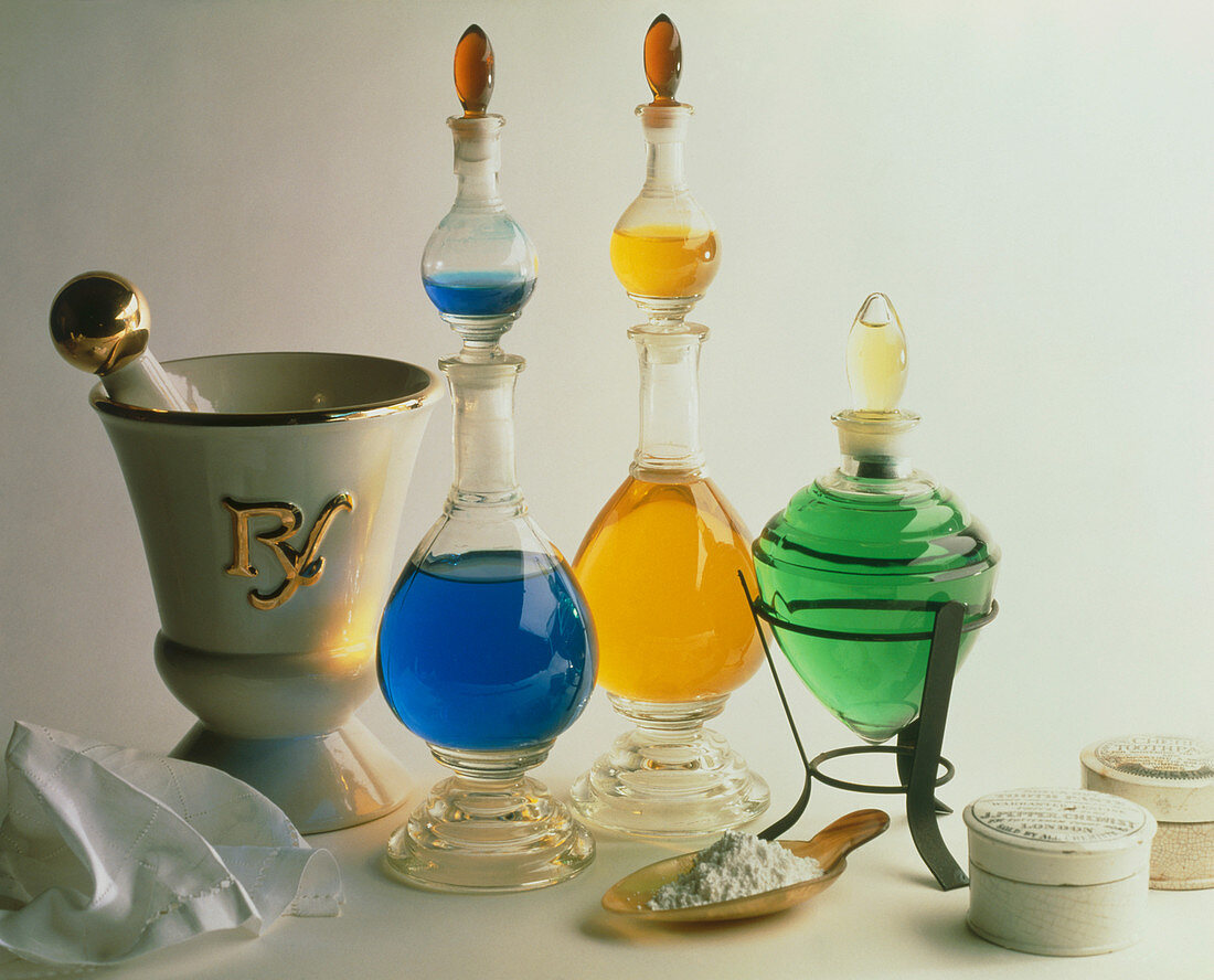 View of historical apothecary medicine bottles