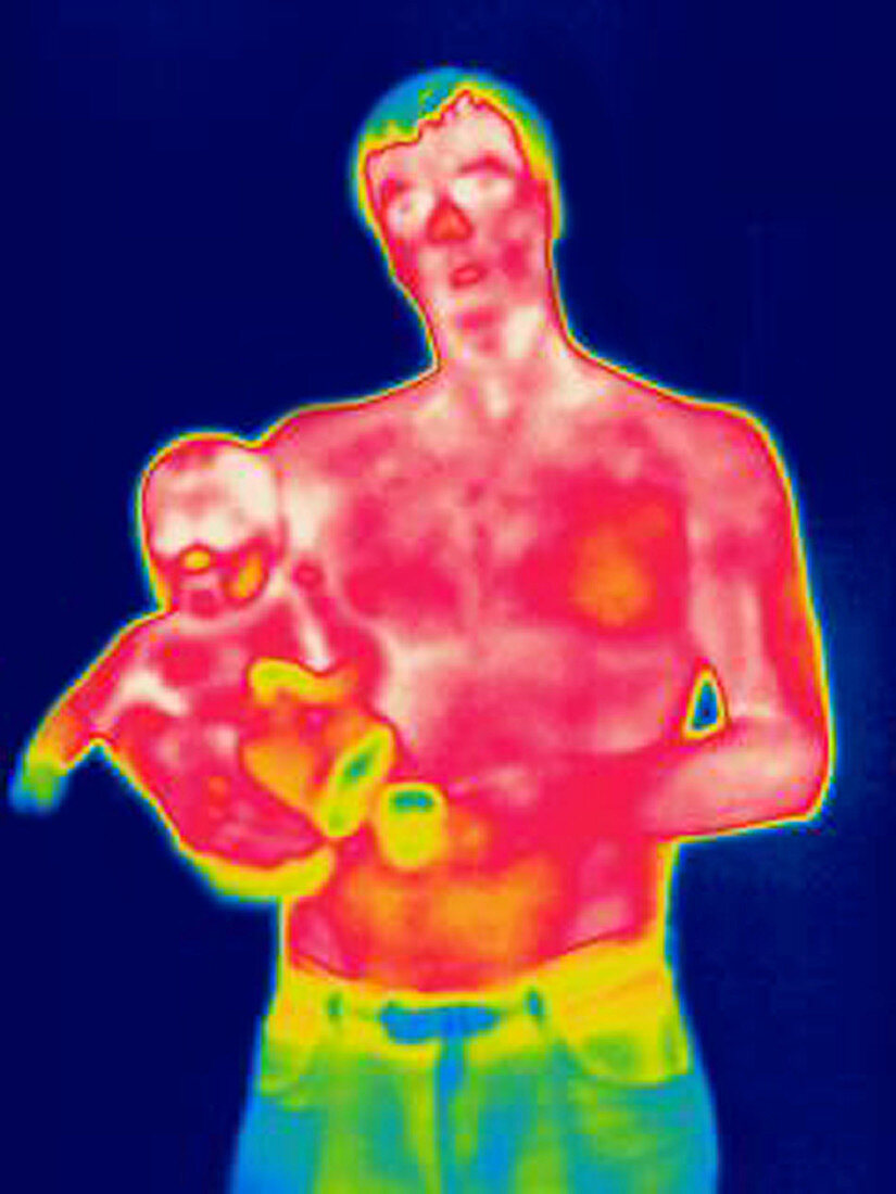 A thermogram of a man holding a baby