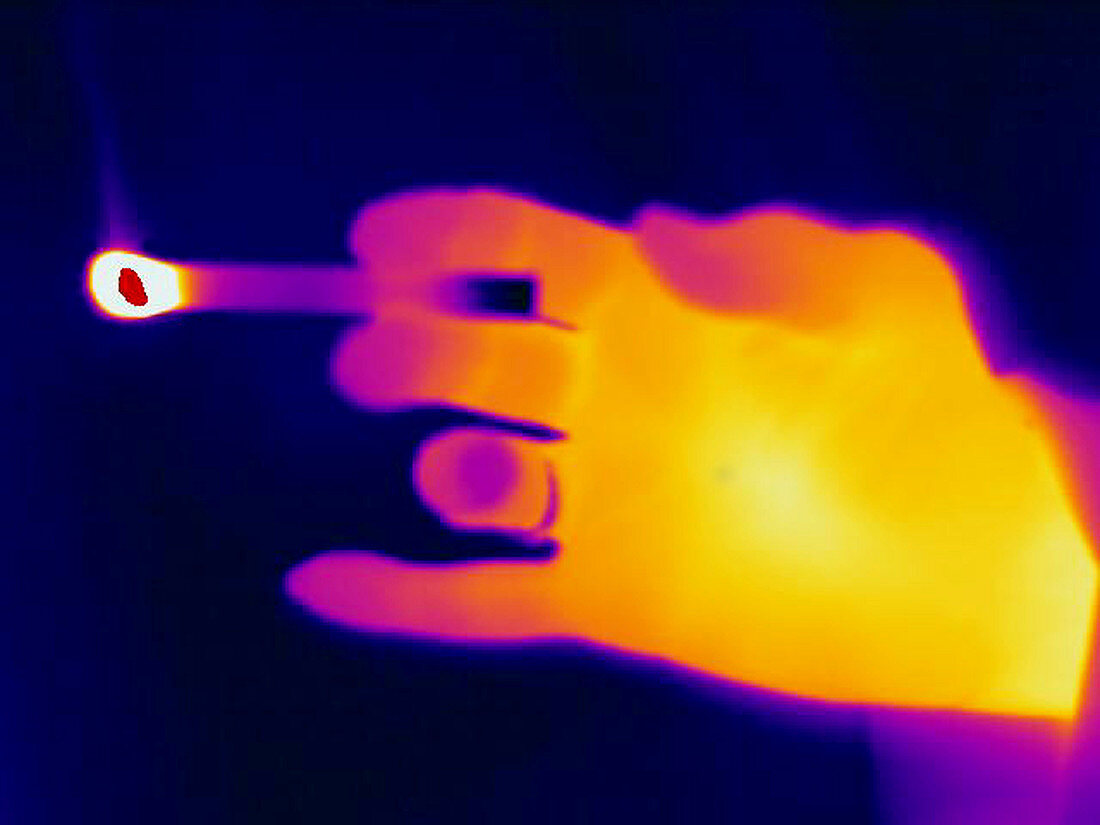 A thermogram of a lit cigarette in a hand