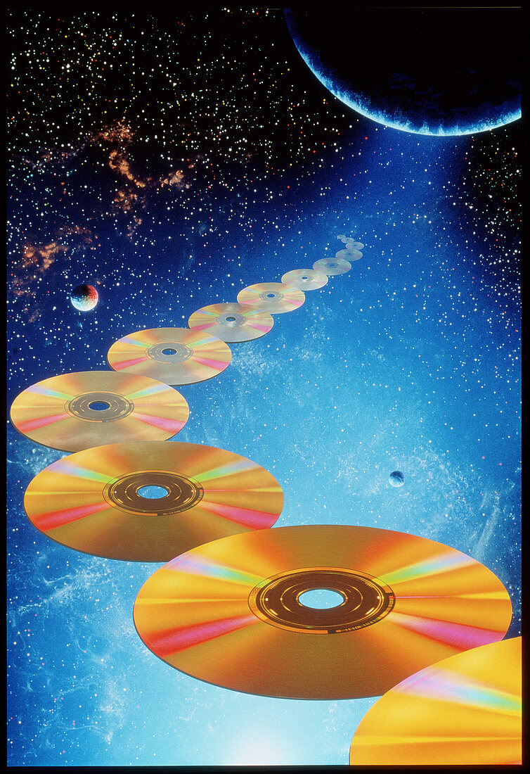 Computer art of compact discs floating in space