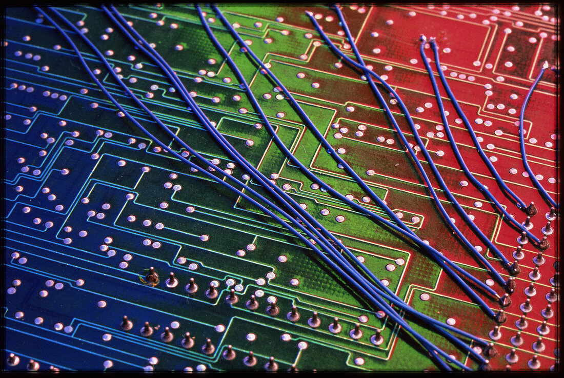 Coloured photo of the surface of a circuit board