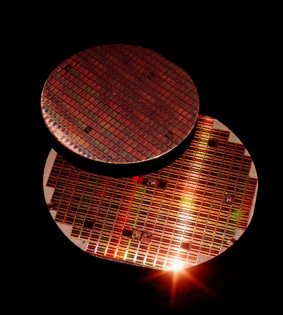 View of two silicon wafers with their chips