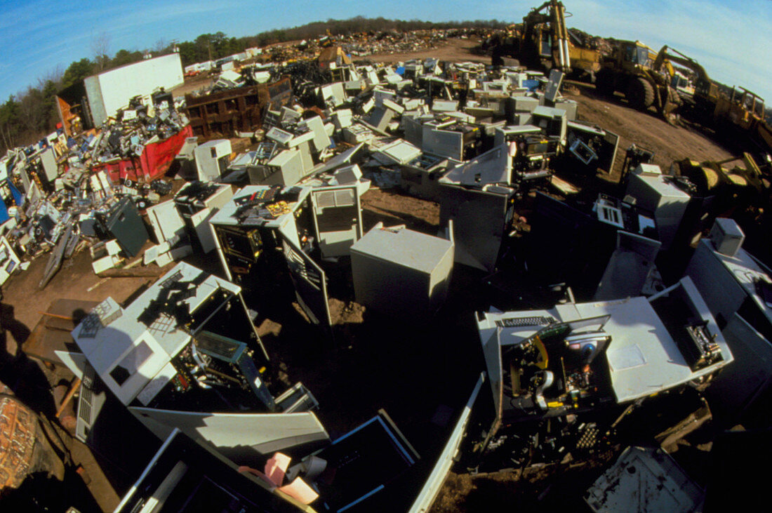 Fish-eye view of computer recycling scrap yard