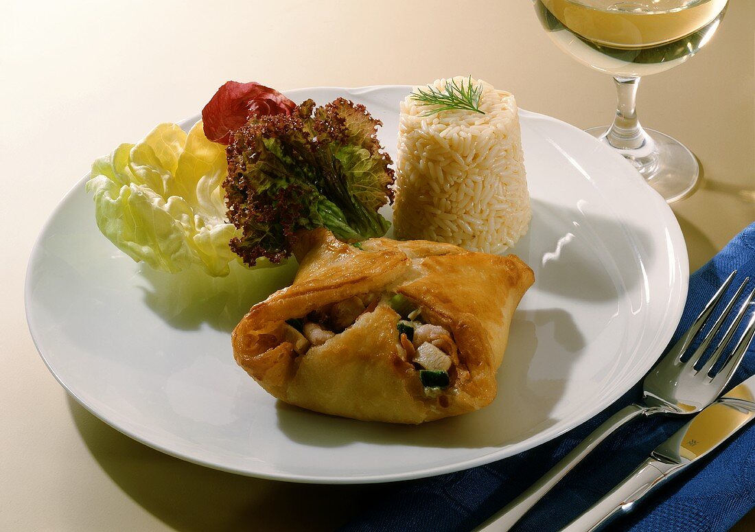 Fried Puff Pastry Pocket with Shrimp and Vegetable Stuffing and Rice