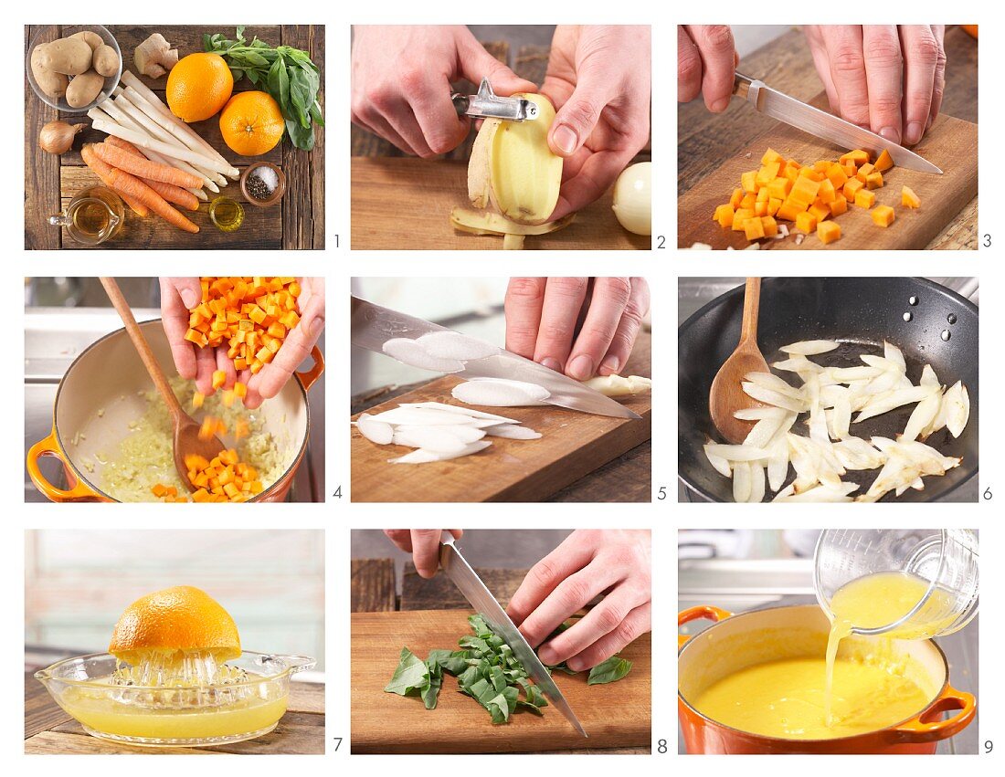 How to prepare creamy potato and carrot soup with white asparagus