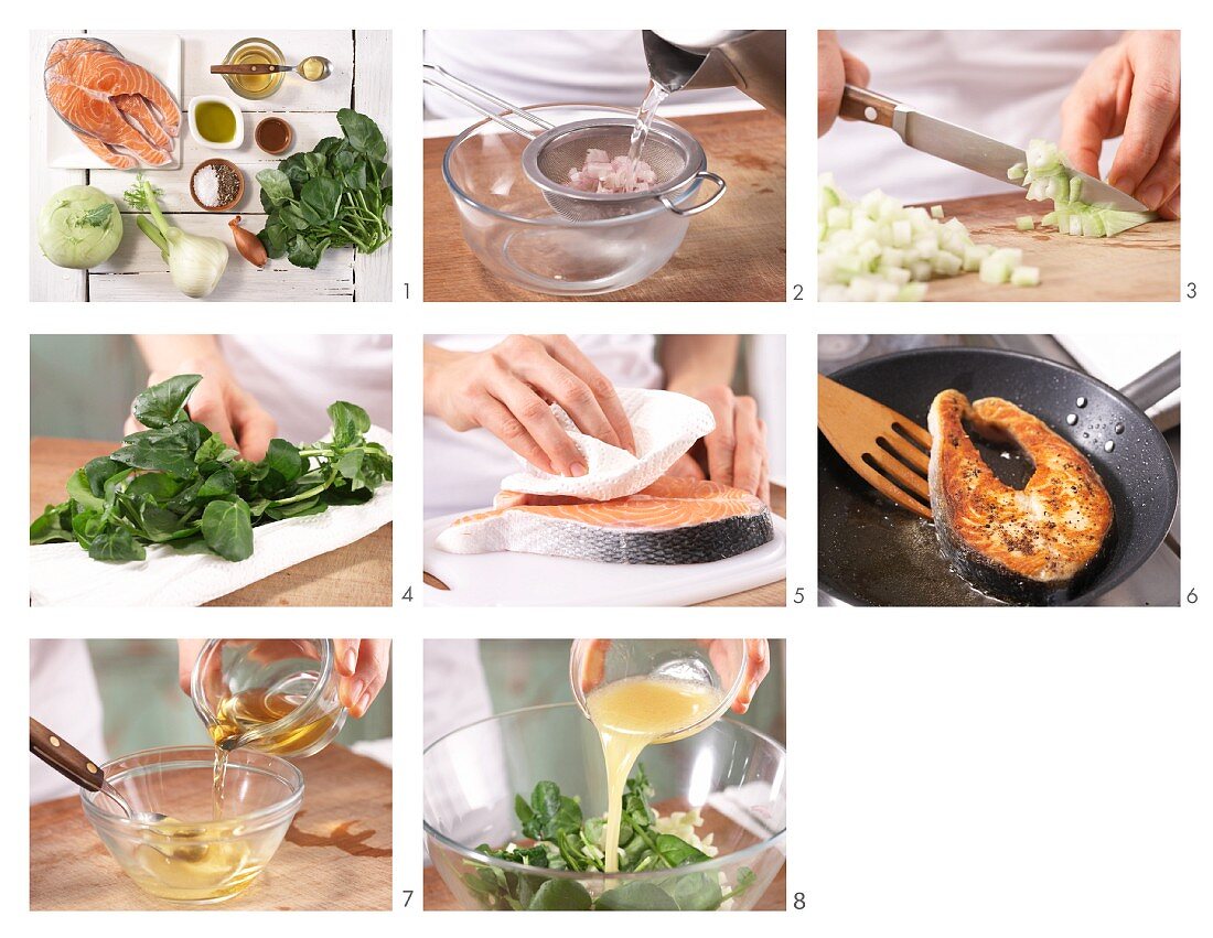 Lachssteak mit Kohlrabi-Fenchel-Salat zubereiten