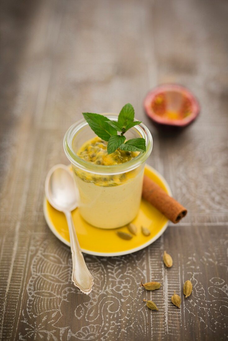 Mango sorbet with passionfruit and cardamom