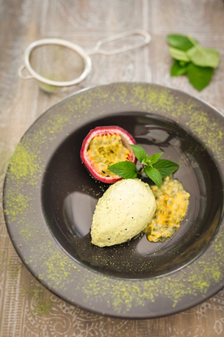 Marzipan mousse with green tea and passionfruit