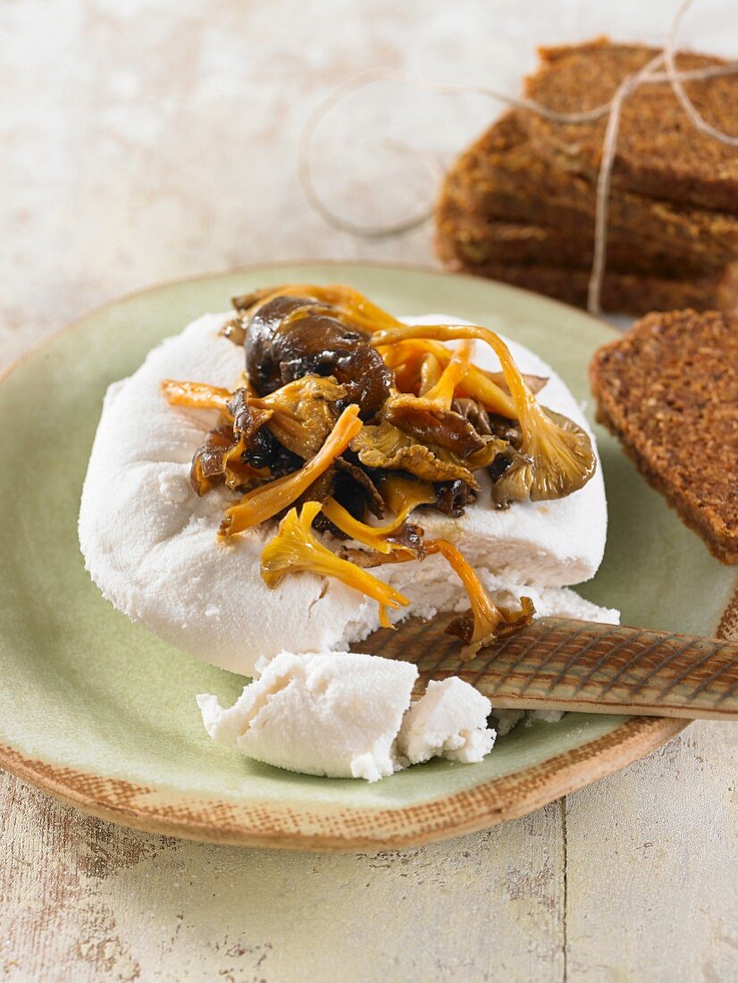 Vegan macadamia nut cheese with chanterelle mushrooms and wholemeal bread