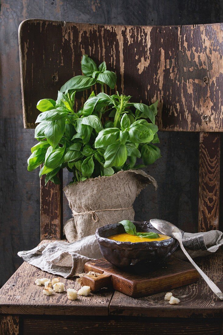 Ceramic bowl of carrot soup, served with fresh basil, croutons, kitchen towel and spoon on old wooden chair