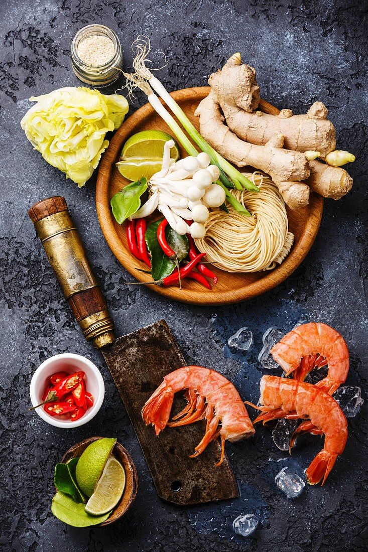 Raw ingredients for asian spicy Ramen noodles with Prawns