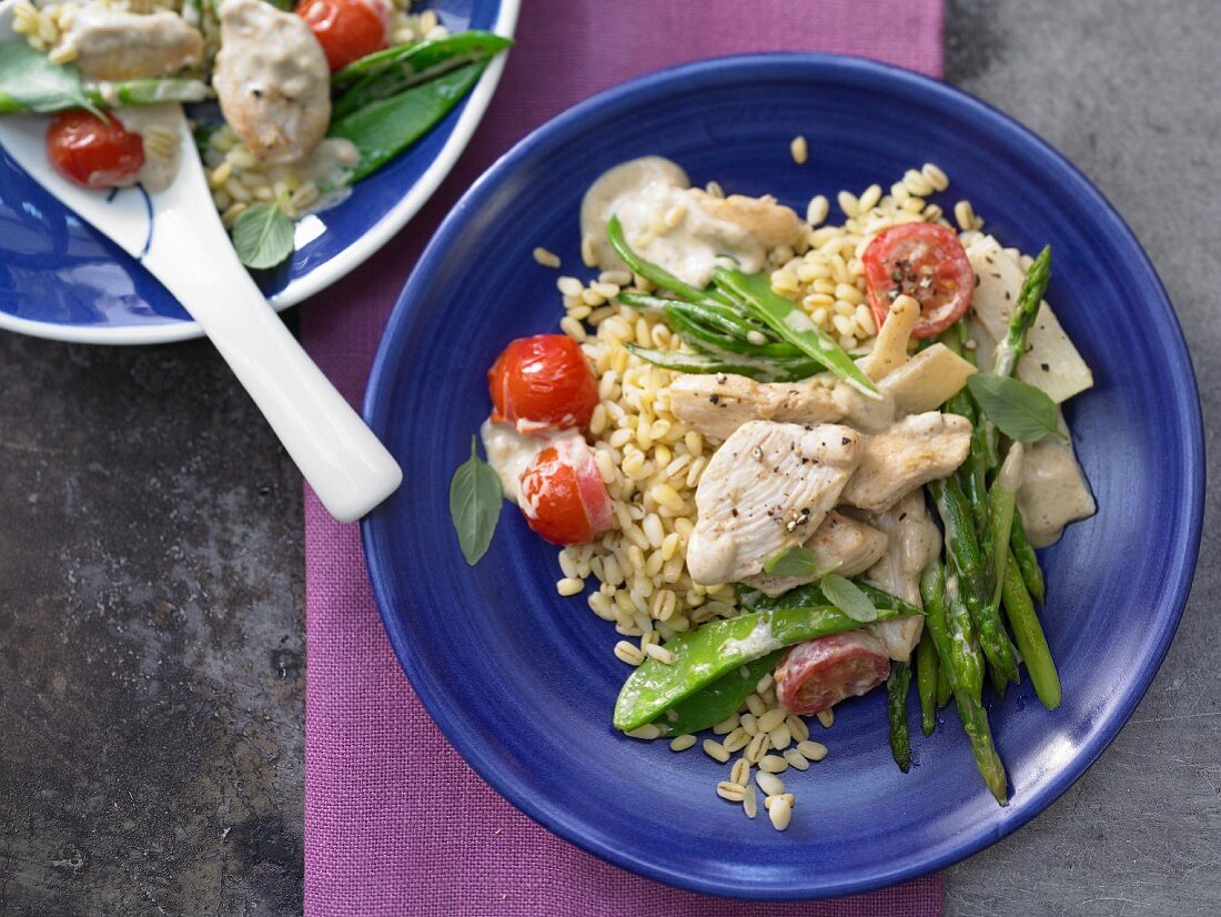 Chicken curry on a bed of buckwheat with bamboo and mangetout