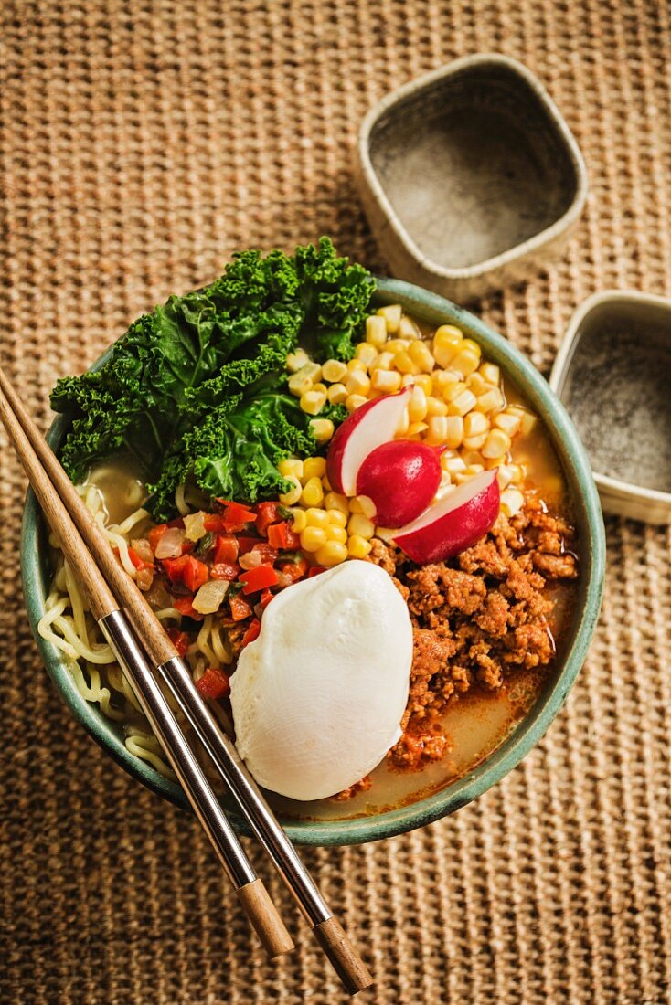 Japanese miso ramen soup with chorizo