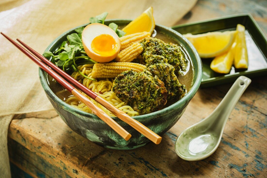 Japanese ramen soup with seaweed and chicken