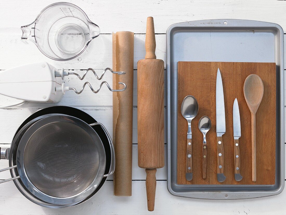 Assorted kitchen utensils for preparing traybakes
