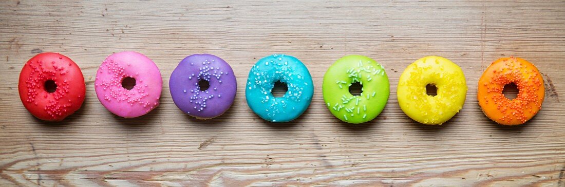 Colorful donuts in a row