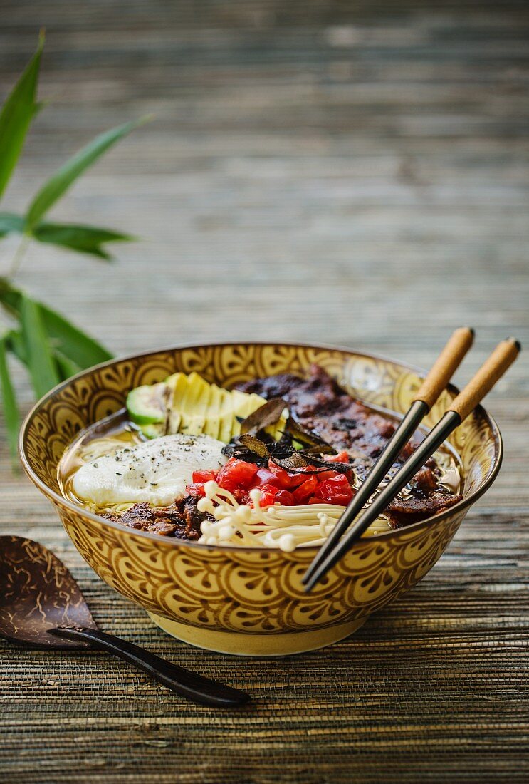 Japanese ohayou gozaimasu (good morning) ramen soup with mushrooms and pork