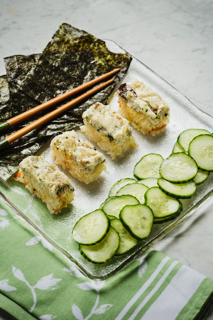 Japanese chirashi sushi with cucumber and seaweed