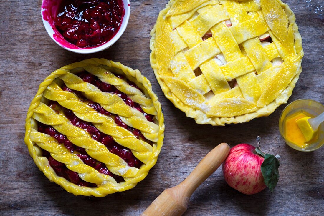 Rustic cherry and apple lattice pies before baking