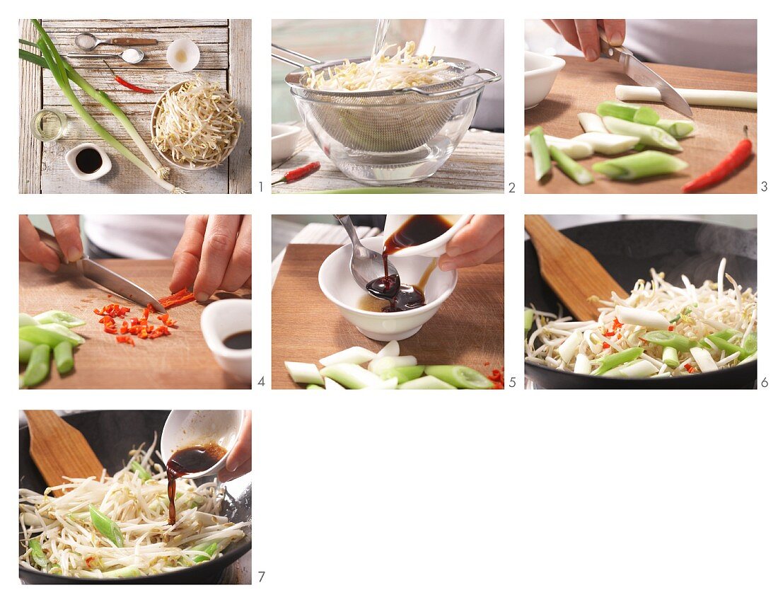 How to prepare pan-fried mung bean sprouts with spring onions