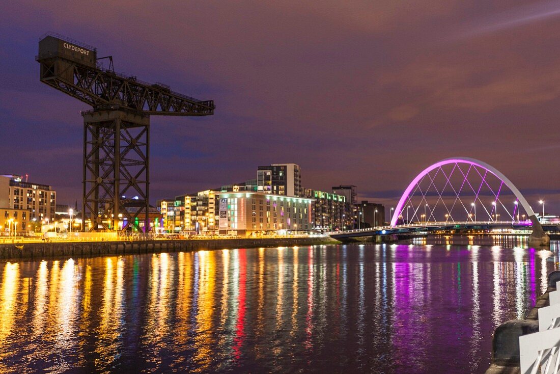 The River Clyde by night at Glasgow Harbour, Scotland