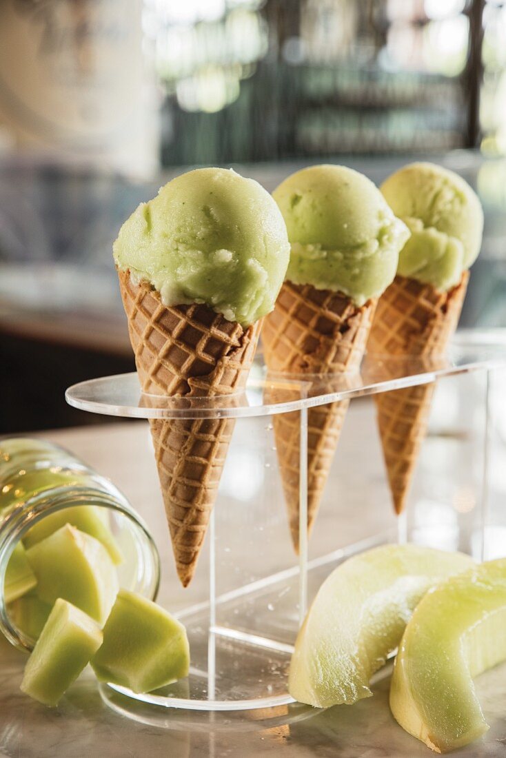 Honeydew melon sorbet in ice cream cones