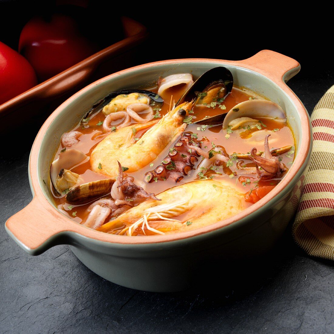 Sicilian seafood stew with prawns, mussels, calamari and octopus