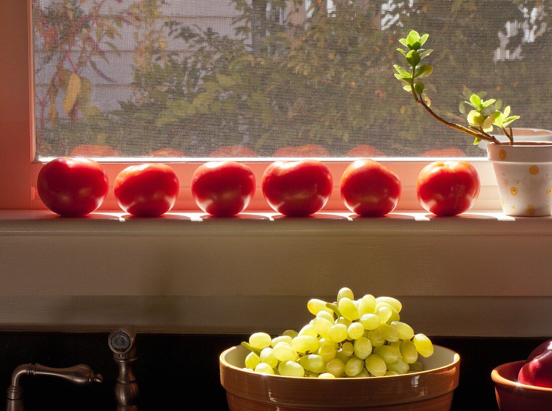 Tomaten auf sonniger Fensterbank und Keramikschale mit Trauben in der Küche