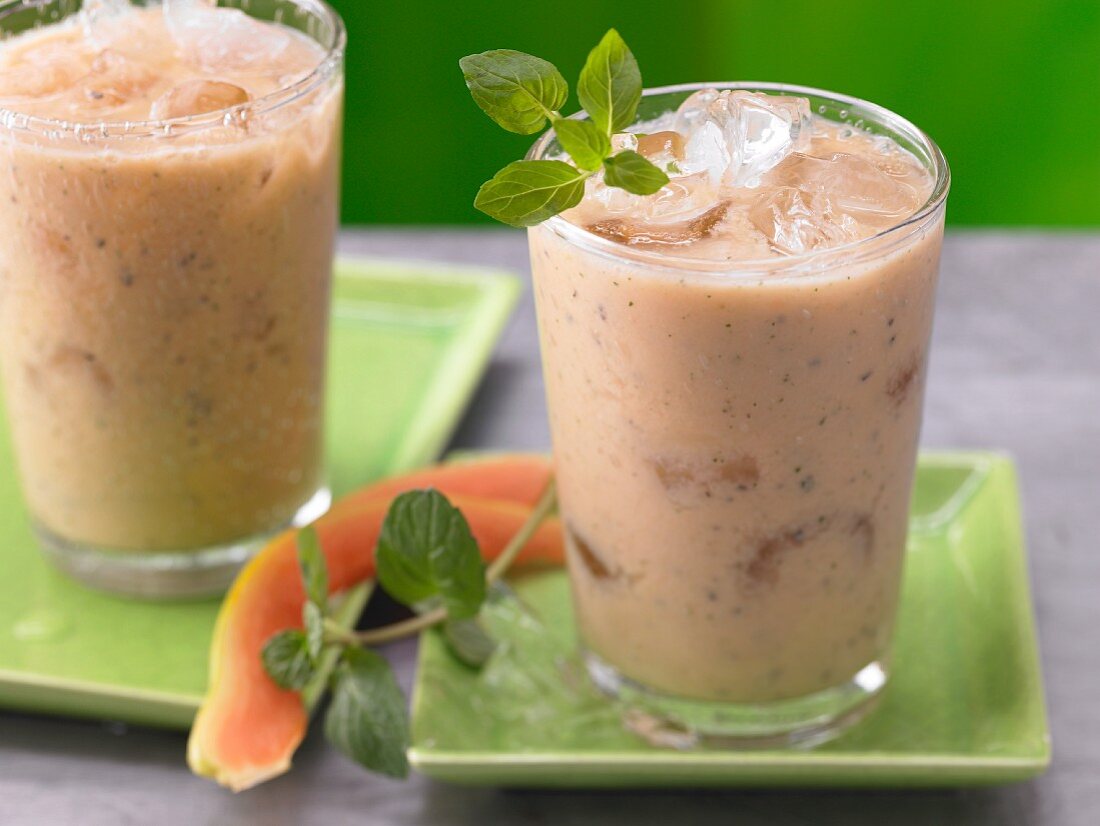 Papaya and passionfruit smoothie with fresh mint