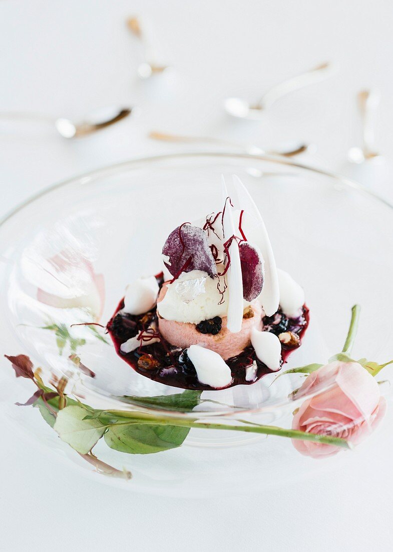 A white nougat dessert made by the head chef Arnaud Donckele at the La Vague d'Or restaurant in Saint-Tropez