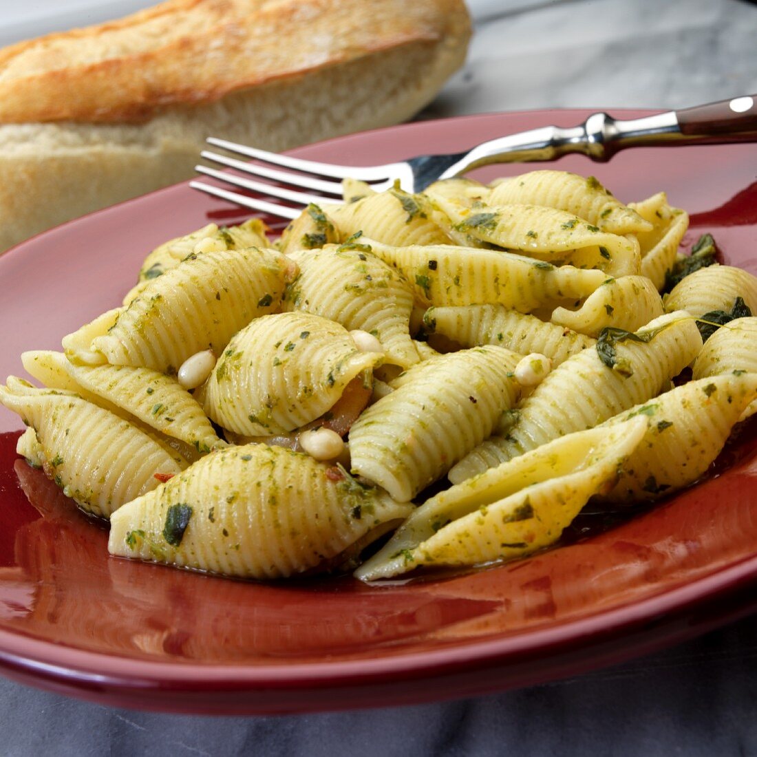 Large pasta shells with pesto and pine nuts