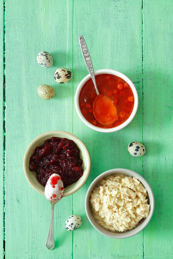 Horseradish sauce, lingonberry jam and rowan berry jam for Easter
