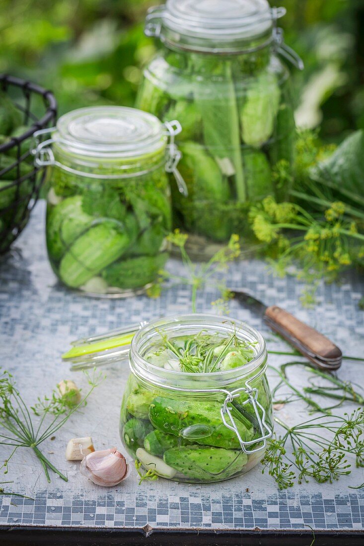 Eingelegte Gurken im Glas auf Gartentisch