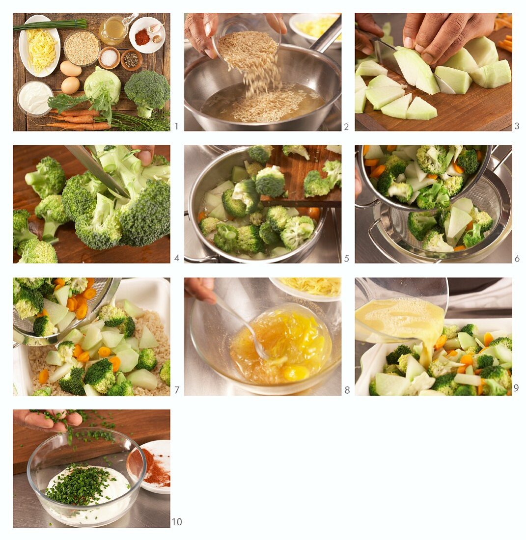 Gemüse-Reisauflauf mit Schnittlauchjoghurt zubereiten