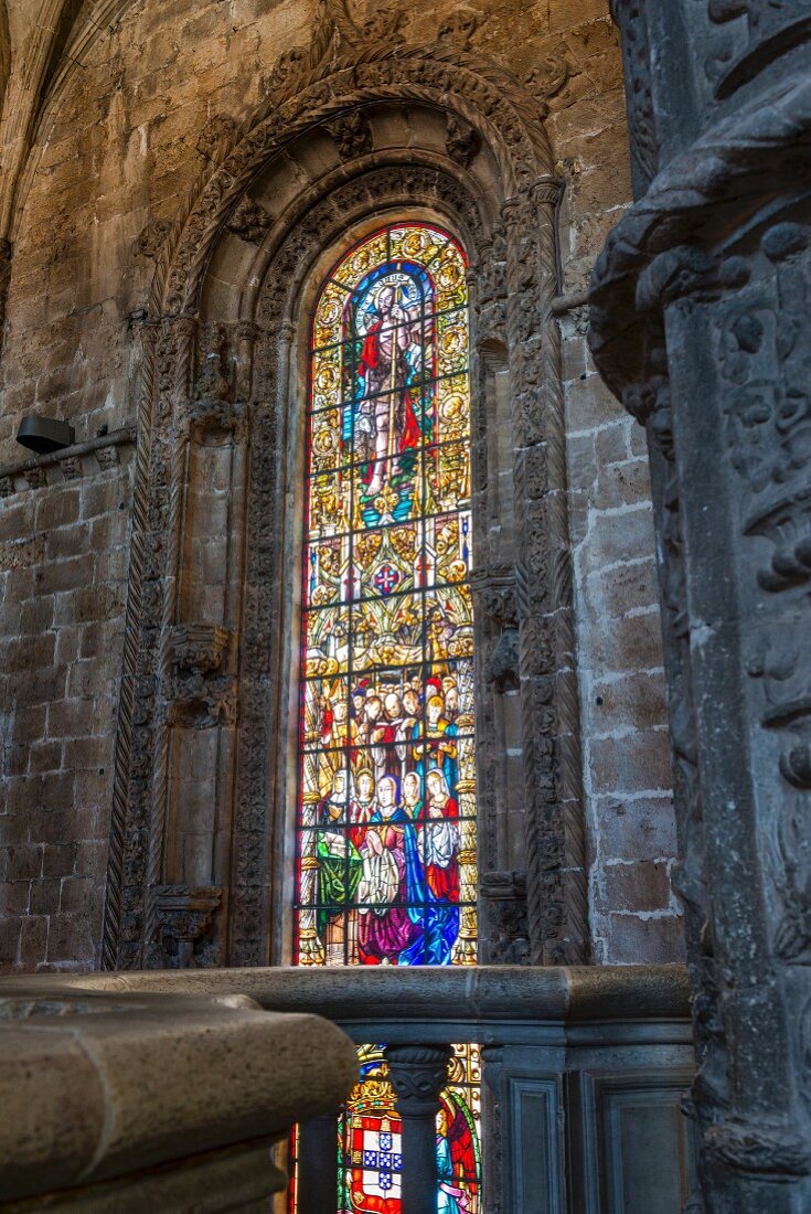 The church windows made by Abel Manta in the Hieronymites Monastery in Belem, Lisbon, Portugal