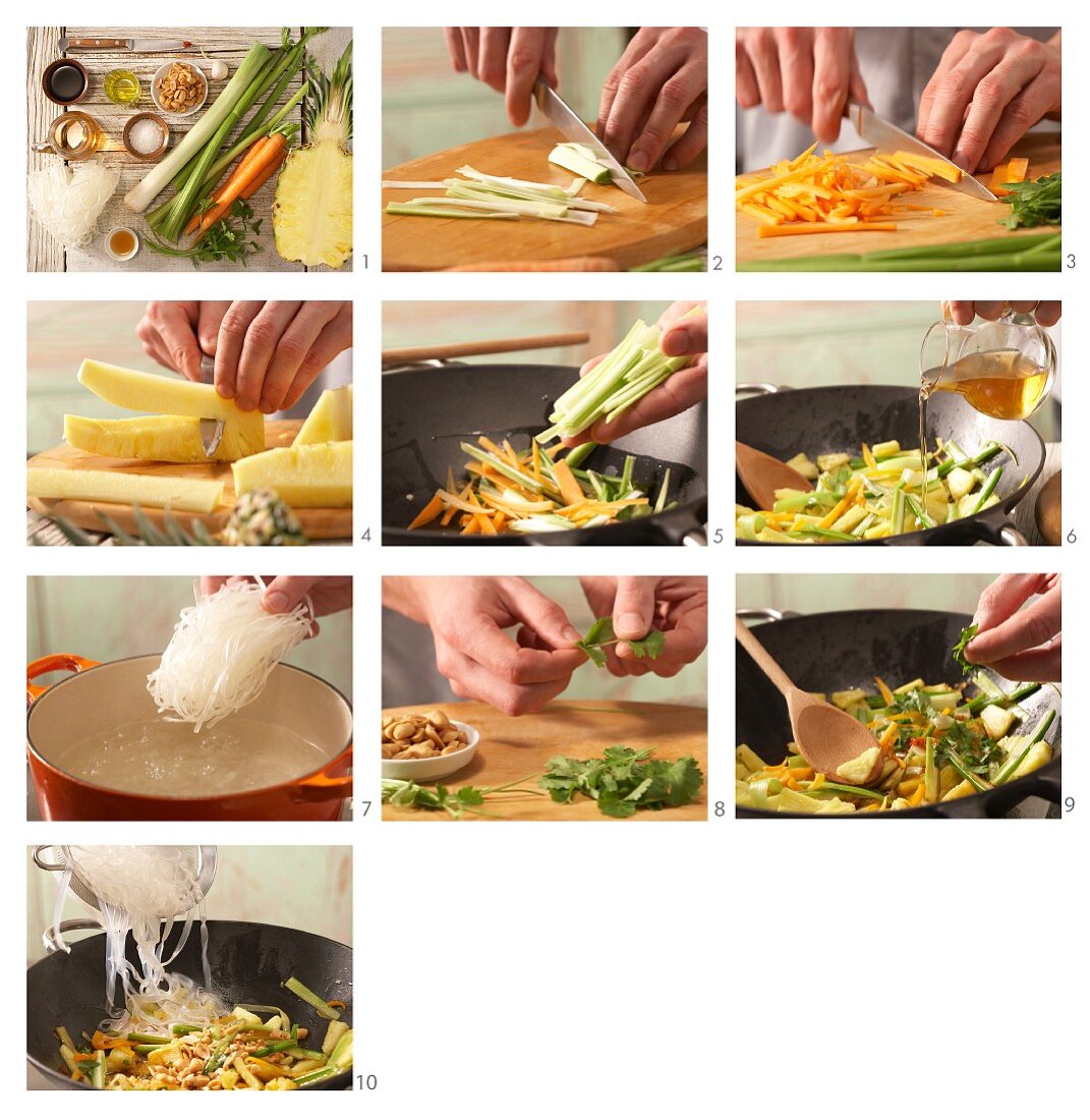 How to prepare spicy Asian vegetable noodles with pineapple and peanuts