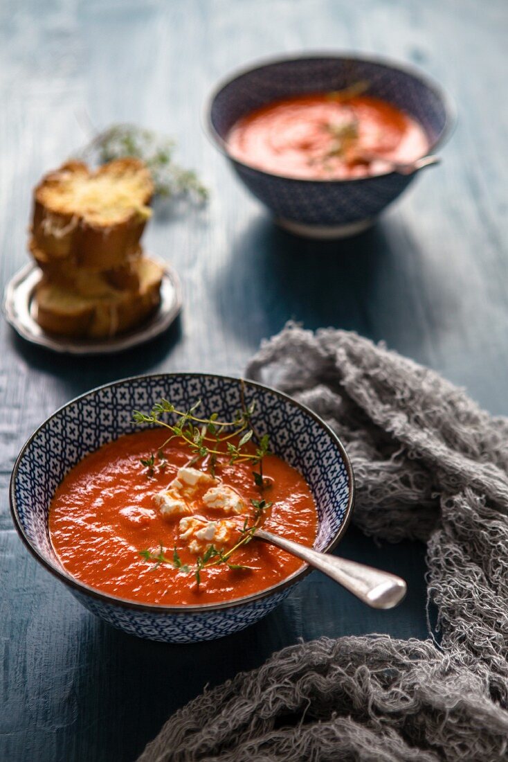 Roasted red pepper soup with feta and thyme