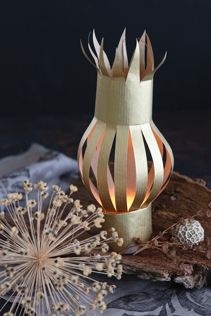 Small paper lantern on piece of bark next to dried flower heads