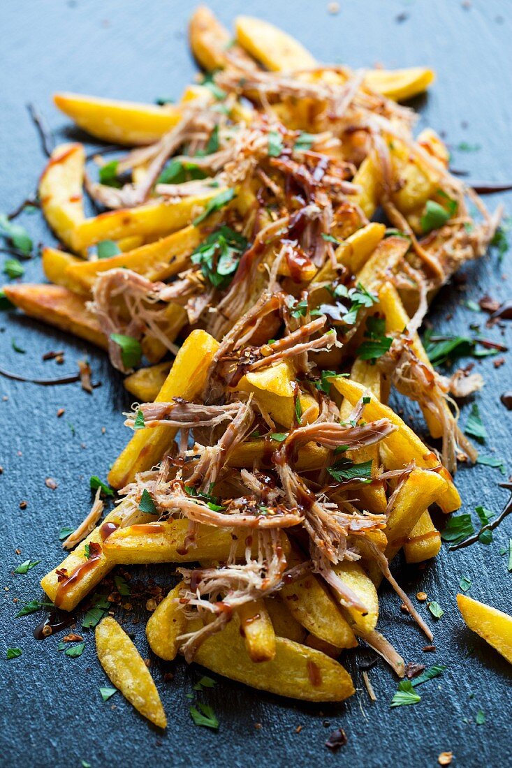 Chips with pulled pork, chilli flakes, parsley and steak sauce