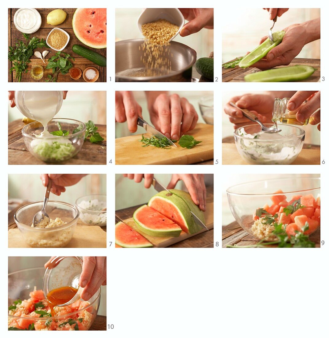 How to prepare bulgur wheat and melon salad with mint tzatziki