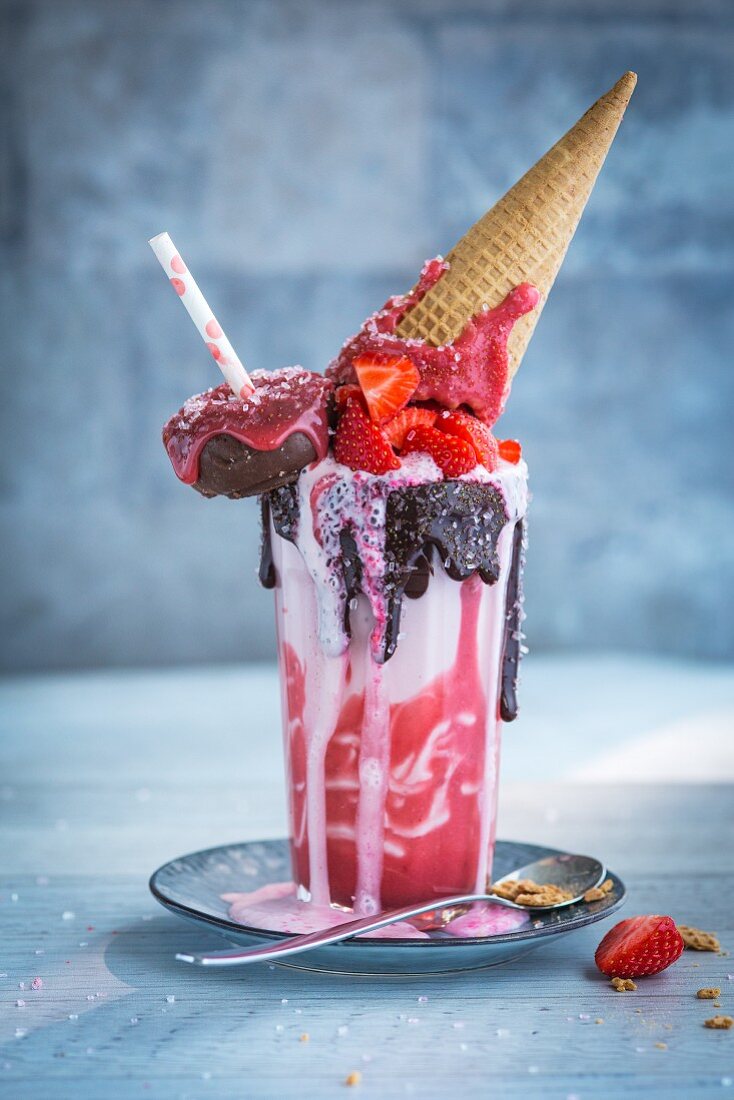 A strawberry freak shake with mini doughnuts and an ice cream cone