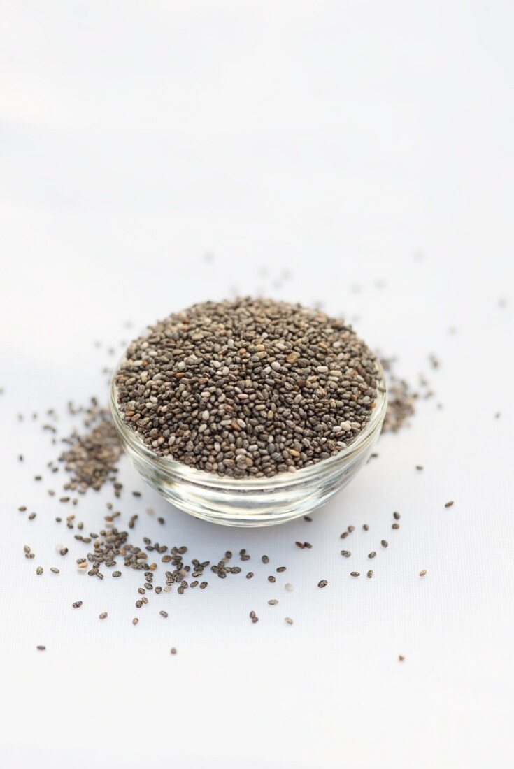 Chia seeds in a glass bowl in front of a white background