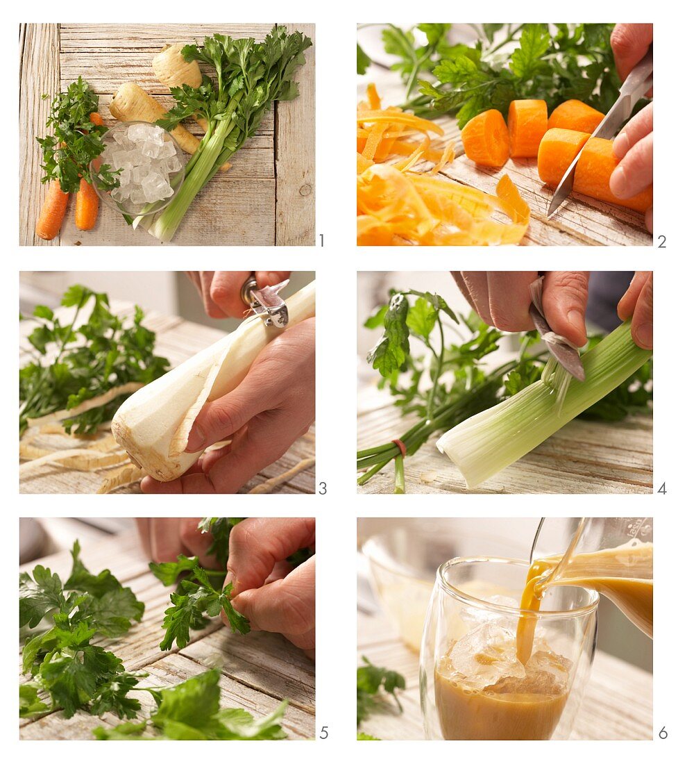 Carrot, parsnip and celery vegetable drink being made