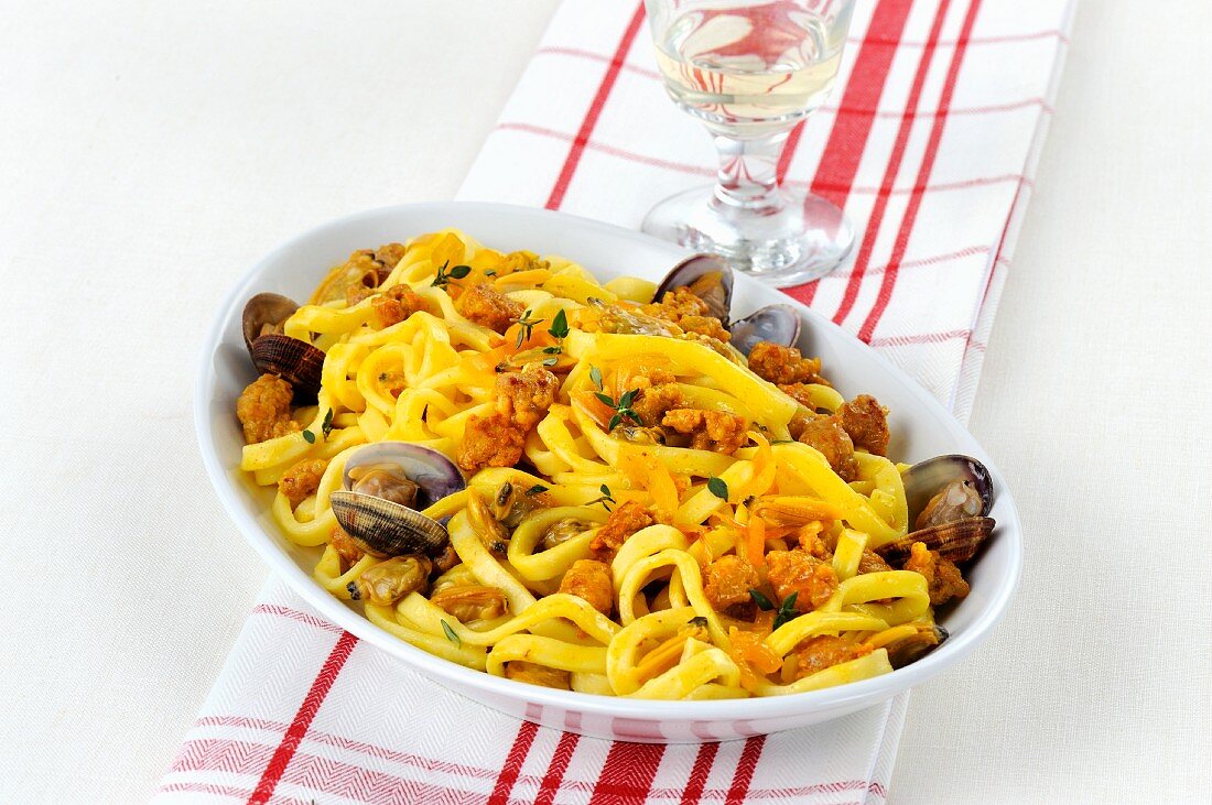 Fettucine with sausage and clams